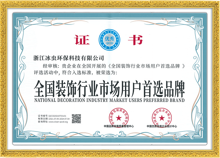 全国装饰行业市场用户首选品牌证书