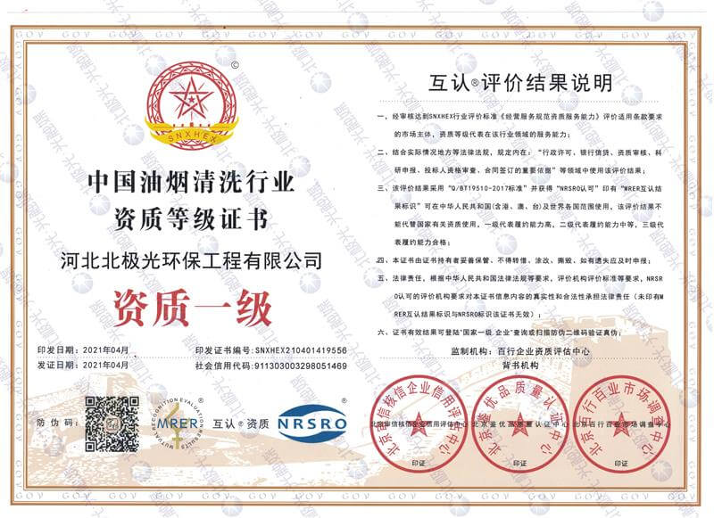 中国油烟清洗行业资质一级证书