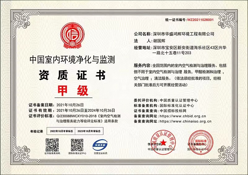 中国室内环境净化与监测甲级证书